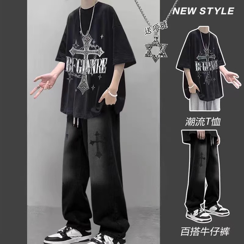 夏季短袖套装男生ins休闲帅气t恤穿搭一整套高街牛仔裤学生三件套