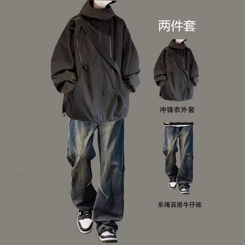 机能风冲锋衣秋冬季套装男士潮牌连帽工装夹克加绒加厚酷帅一整套
