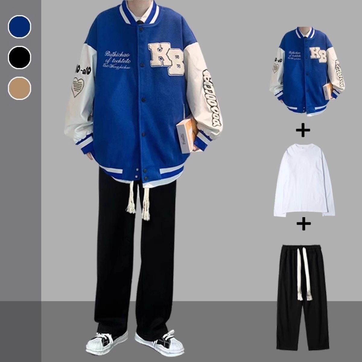 秋冬季棒球服套装男学生外套潮流加厚高街夹克港风痞帅搭配一整套