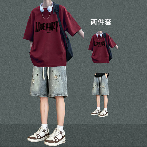 美式潮牌短袖短裤男青少年帅气T恤套装夏季清爽痞帅穿搭两件套