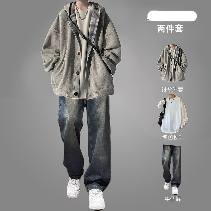 拼接格子连帽卫衣男生春秋季美式复古潮牌高级感开衫外套宽松衣服