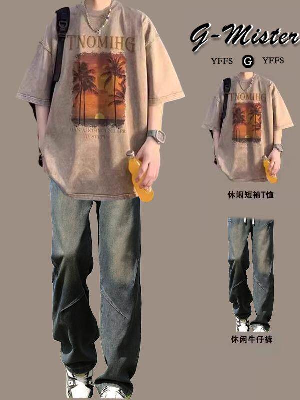 여름 남성용 레트로 워싱 디스트레스드 반팔 티셔츠 아메리칸 하이스트리트 패션 쿨하고 핸섬한 캐주얼 슈트 세트