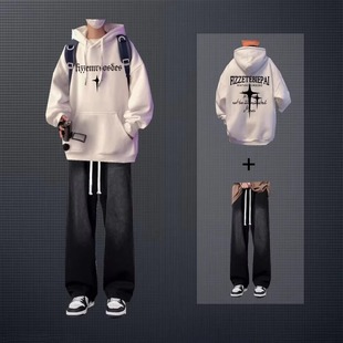 连帽卫衣套装男生春秋季潮流酷帅穿搭长袖衣服宽松休闲男装两件套