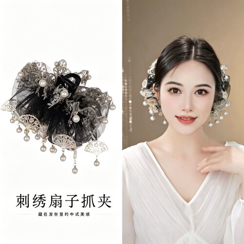云扇蕾丝鲨鱼夹新中式氛围感手工气质风抓夹发饰复古盘发刺绣夹子