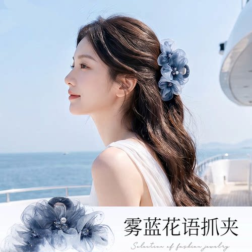 2026年海盐花雾鲨鱼夹抓夹女新中式高级感日常盘发丸子头网纱发饰