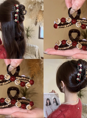 新年红色闪钻珠珠抓夹女高级感过年发夹后脑勺鲨鱼夹发卡优雅头饰