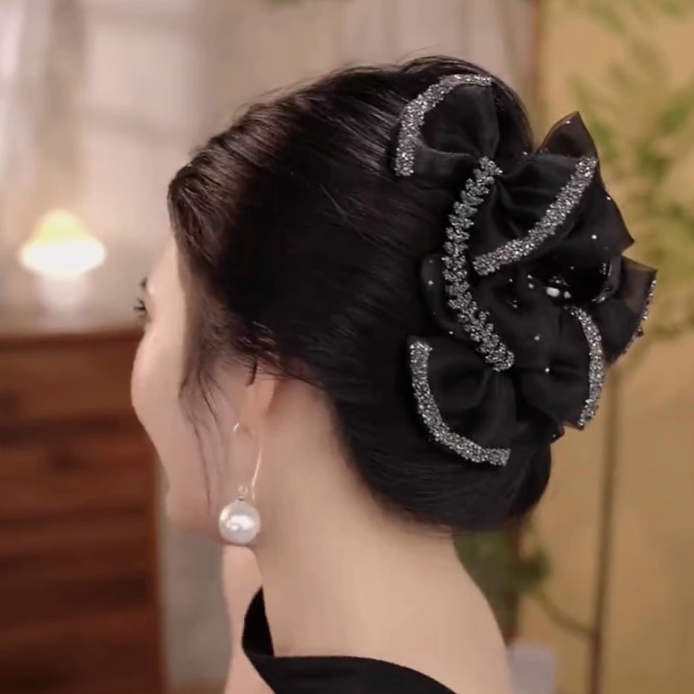 AB面满天星蝴蝶结抓夹女轻奢水钻发夹后脑勺盘发小香风鲨鱼夹发卡