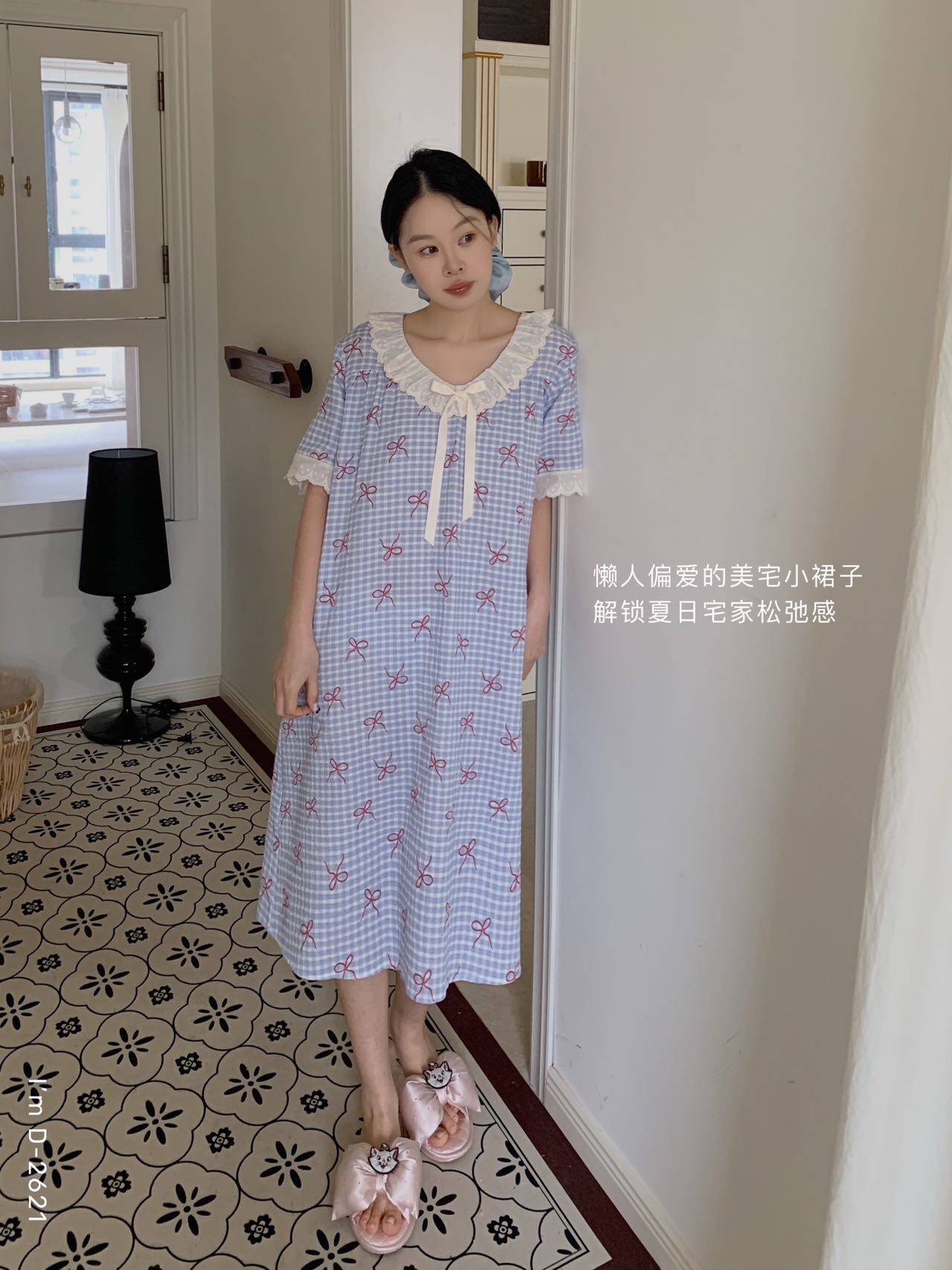 杜小宅蕾丝蝴蝶结温柔棉纱衣夏季甜美舒适透气纯棉短袖睡裙