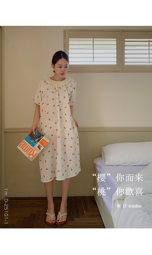 杜小宅夏日荷叶边棉纱裙女双层棉纱圆领短袖休闲睡裙宽松中长裙子