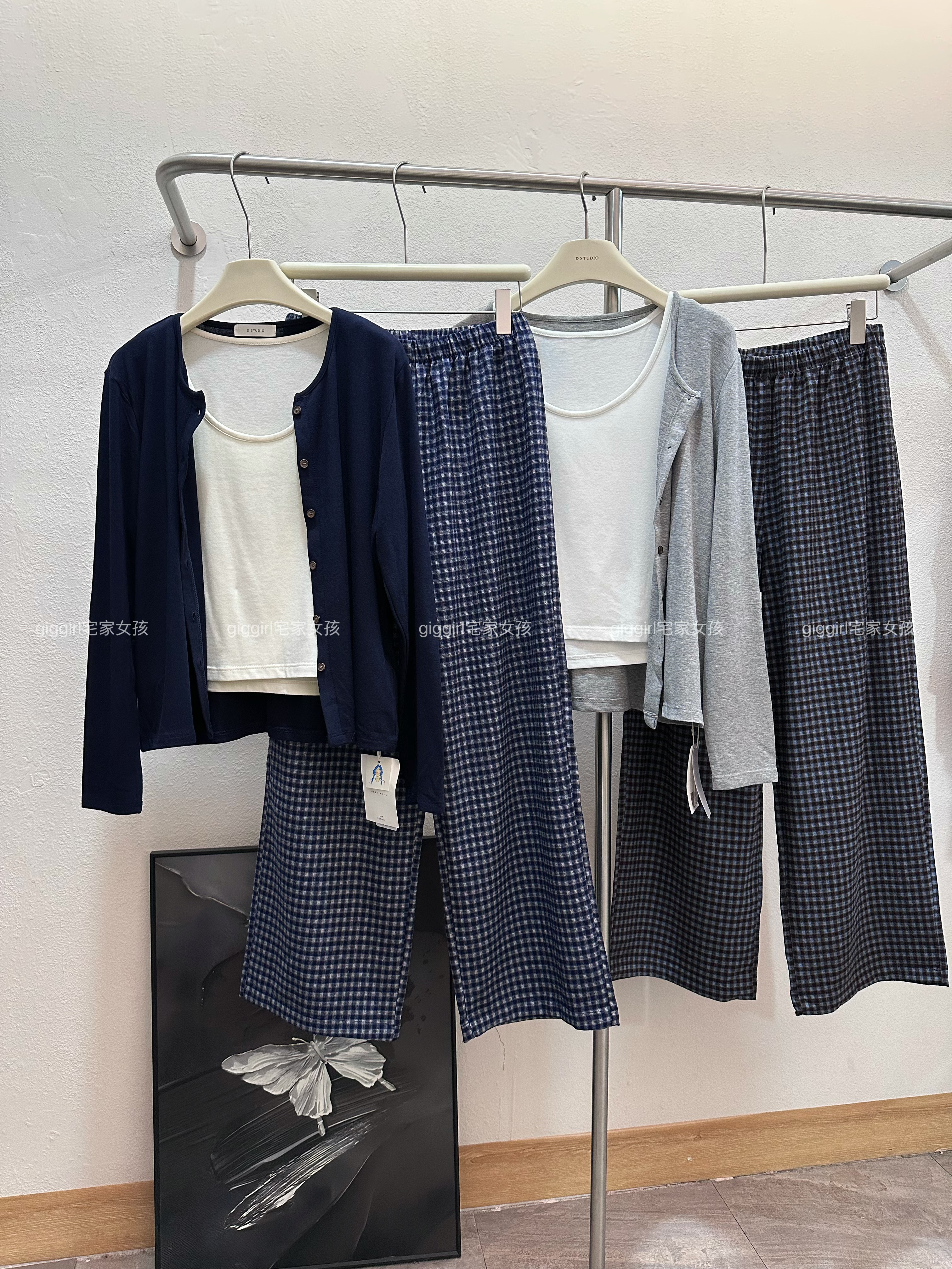 宅家新款对襟格子裤三件套家居服简约可外穿舒适慵懒风睡衣女士图片