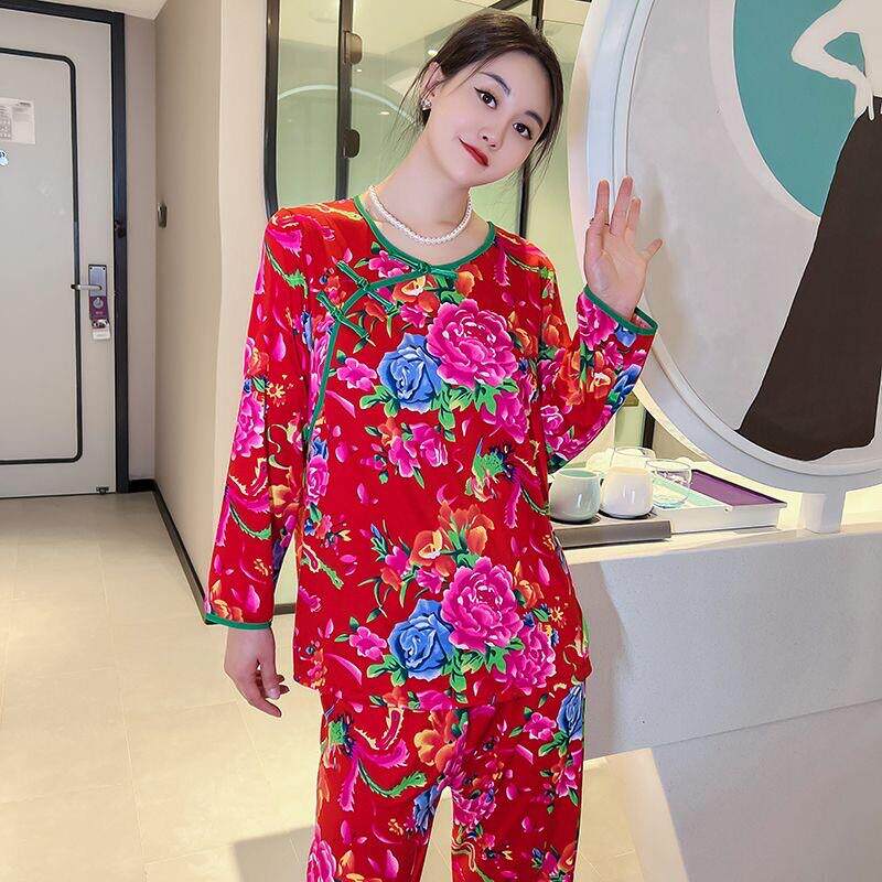 网红爆款东北大花睡衣套装女民族风特色盘口宽松大码家居服可外穿