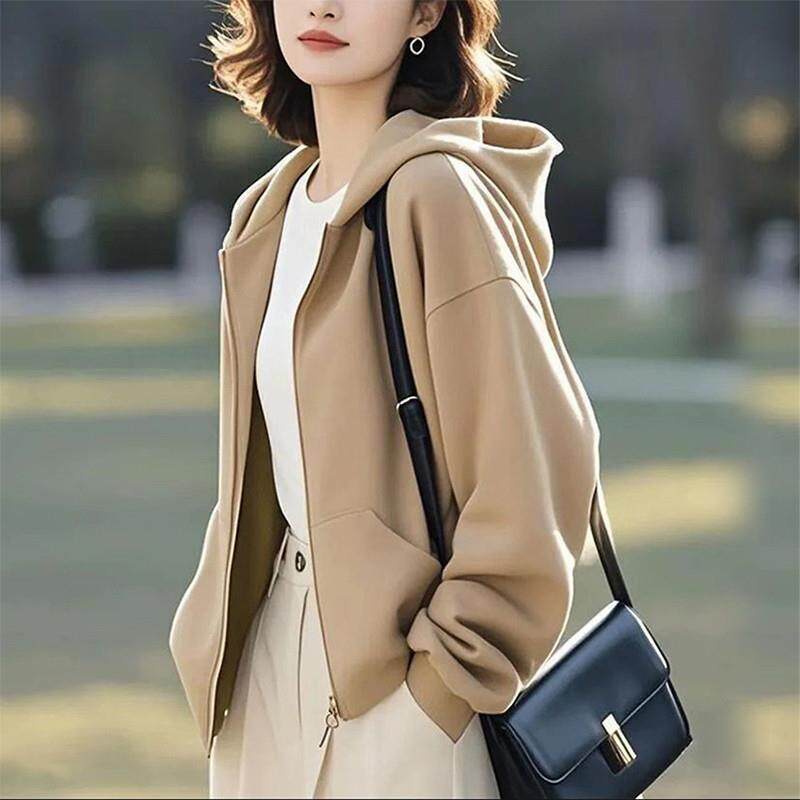 连帽开衫卫衣短外套女士春秋薄款2026新款早春季宽松加绒夹克上衣