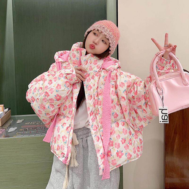 冬季新款韩版可爱花朵飘带棉衣服女2024宽松连帽加厚绒短款面包服