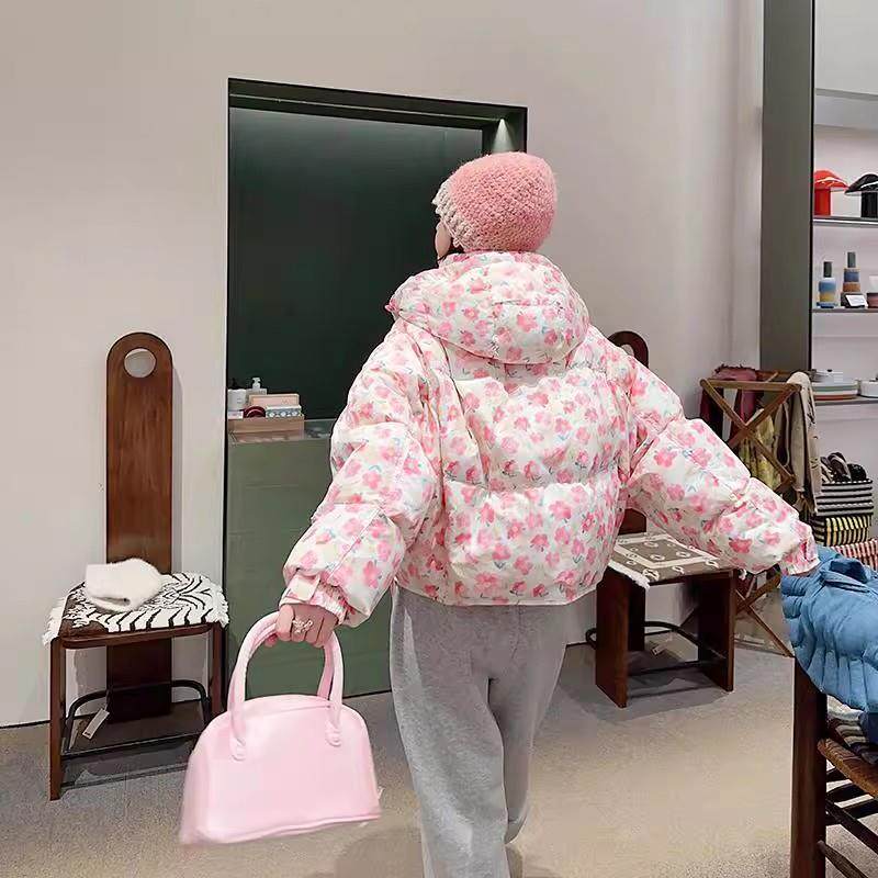 冬季新款韩版可爱花朵飘带棉衣服女2024宽松连帽加厚绒短款面包服