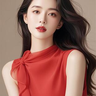 法式独特漂亮红色雪纺衬衫女装洋气高端别致小衫淑女气质无袖上衣