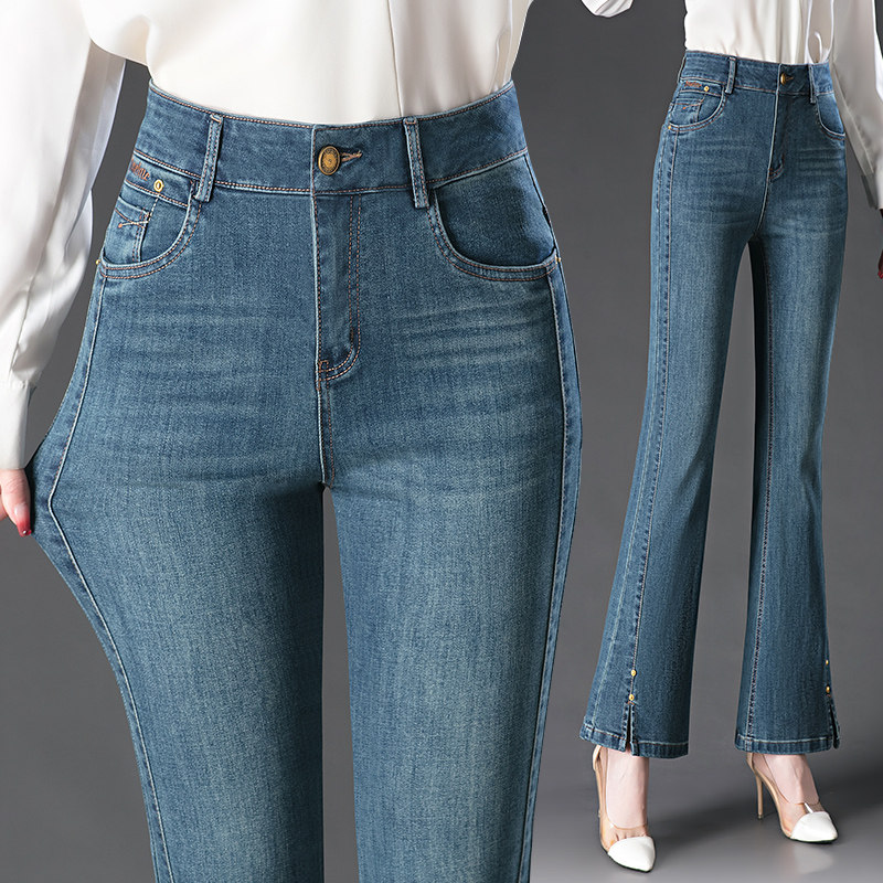 春秋时尚开叉微喇牛仔裤子女新款高腰弹力修身显瘦大码喇叭长裤