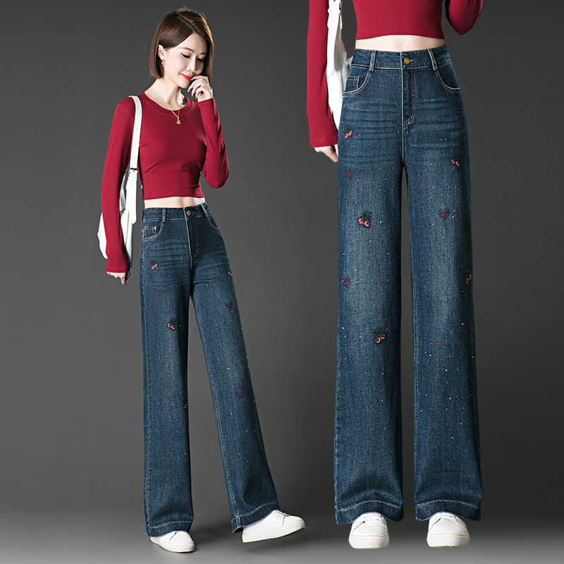 春秋窄版阔腿牛仔裤子女2025新款高腰弹力休闲刺绣复古直筒长裤