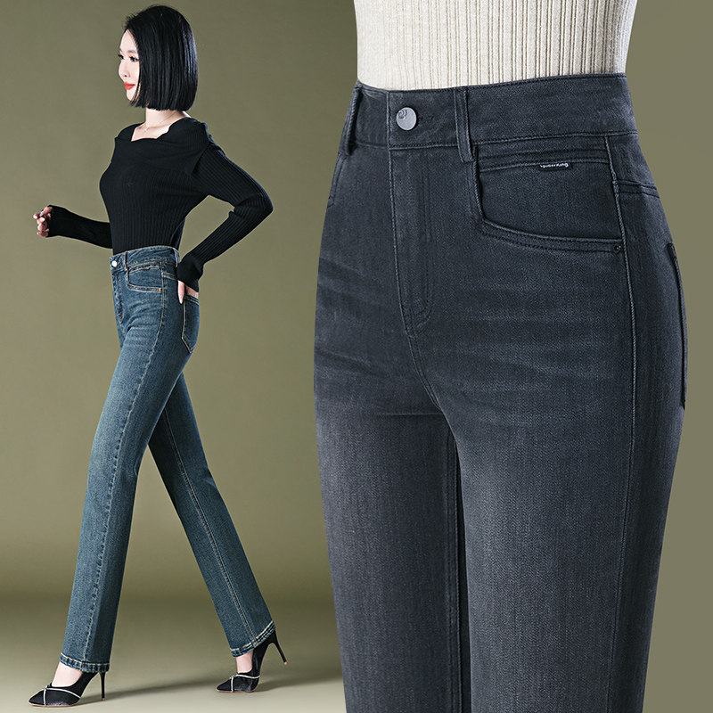 春秋直筒牛仔休闲裤子女新款高腰弹力宽松显瘦气质百搭大码长裤