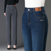 直筒牛仔裤 宽松中老年女裤 女秋冬加绒2025新款 弹力高腰中年妈妈裤