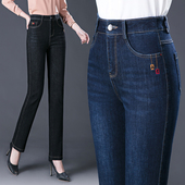 女秋冬季 款 加绒2025新款 直筒牛仔裤 中年妈妈裤 弹力高腰中老年裤 式