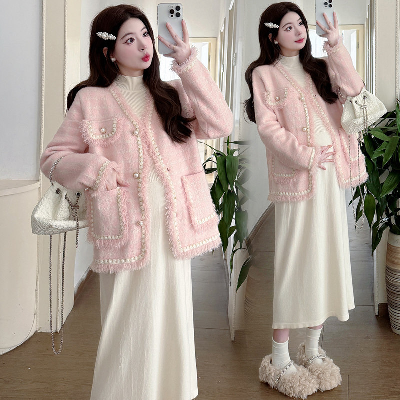 출산 가을 겨울 정장 2024 패션 새로운 작은 향기 스타일 모조 밍크 벨벳 자켓 니트 BOTTOMING 복장