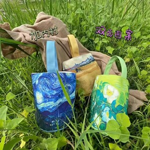 MAMIE新款梵高 绘画水桶包包文艺手拎包日系水杯袋复古手拎帆布包