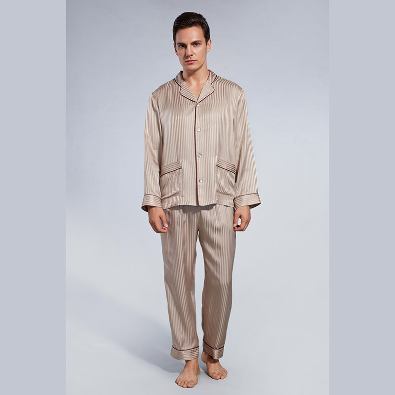 条纹长袖可外穿家居服真丝睡衣