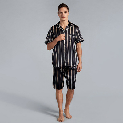 真丝黑白蓝条纹印花短袖短裤