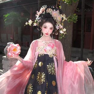 爆款新款复原重工风显刺绣改良齐胸大袖唐制套装少女披帛春夏汉服