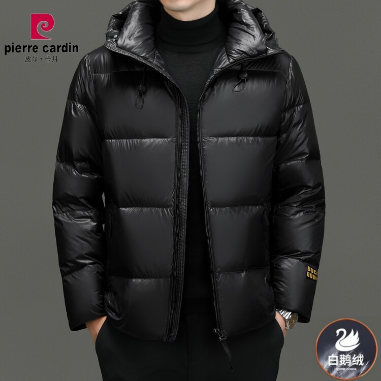 皮尔卡丹男士黑金亮面90白鹅绒羽绒服冬季新款潮流连帽保暖外套男