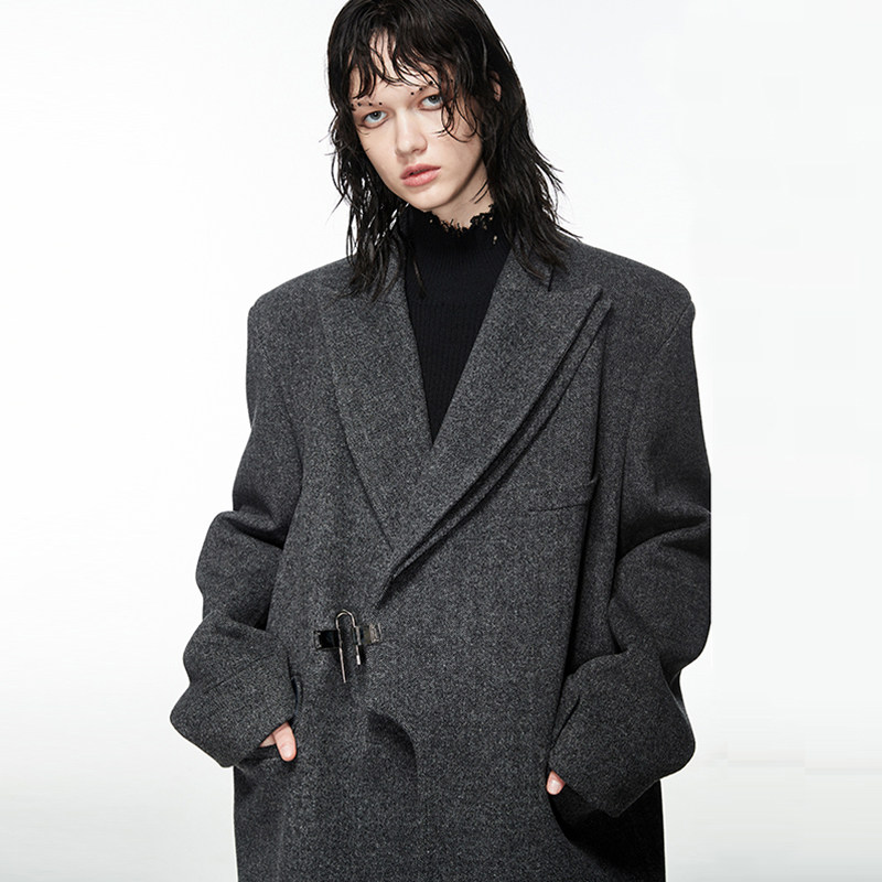 ARTBRUT高级感灰羊毛大衣女 人字纹西装式垫肩毛呢外套中长款防寒