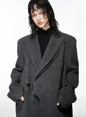 ARTBRUT高级感灰羊毛大衣女 人字纹西装式垫肩毛呢外套中长款防寒