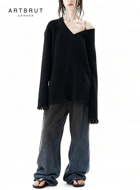 ARTBRUT 慵懒风黑色毛衣女春 不对称露肩V领套头针织衫设计感小众