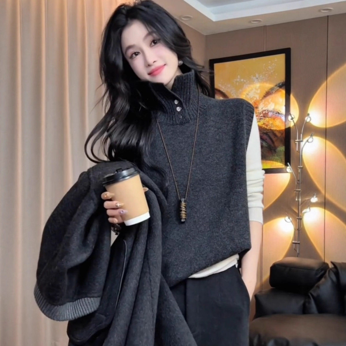 法式外穿半开高领针织衫马甲女士早秋冬叠穿保暖内搭背心羊毛上衣