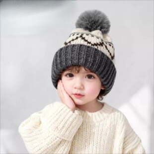 费尔岛复古提花儿童针织帽子秋冬季针织毛线帽男女宝宝护耳帽加厚