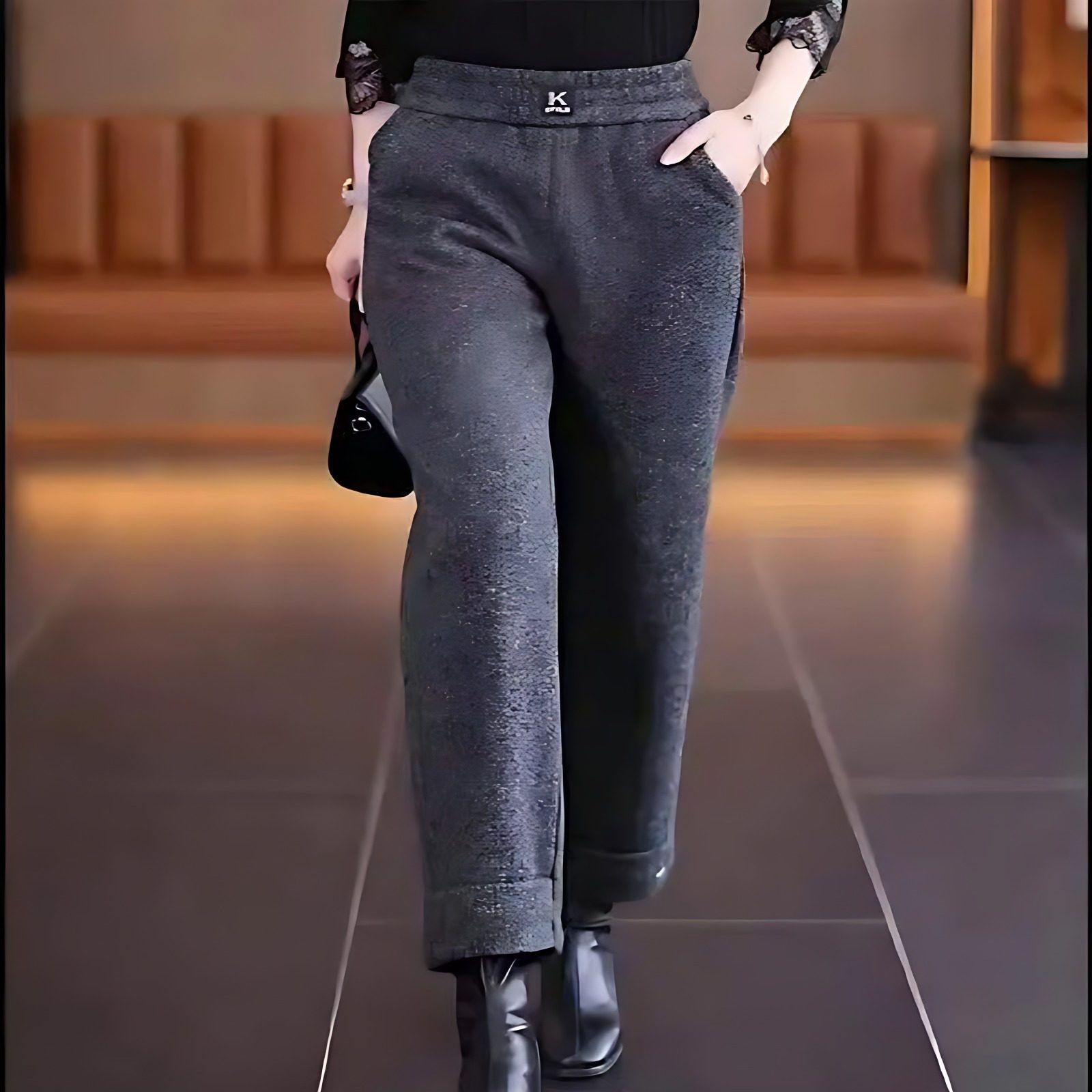 小个子毛呢裤女秋冬加绒加厚爆款裤子妈妈时髦九分直筒阔腿休闲裤