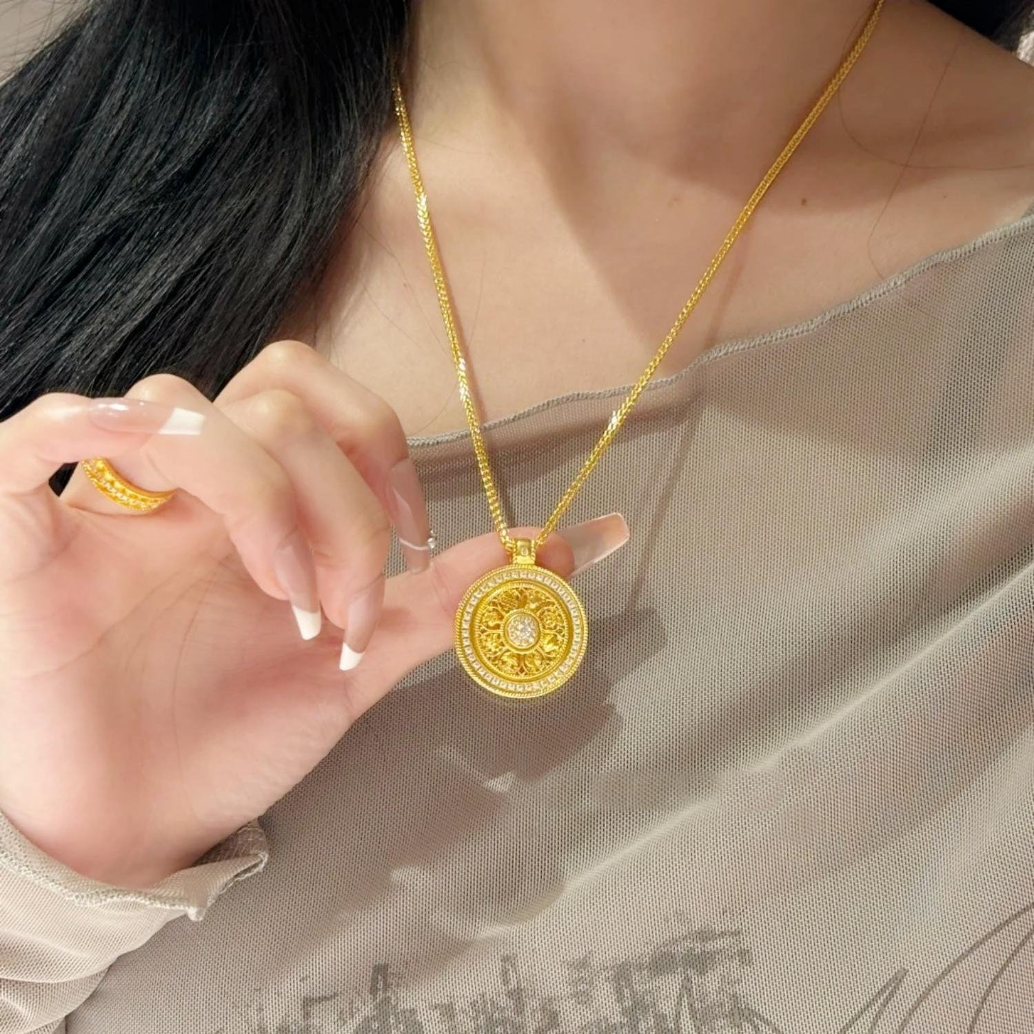 古法镶钻黄金转运珠项链