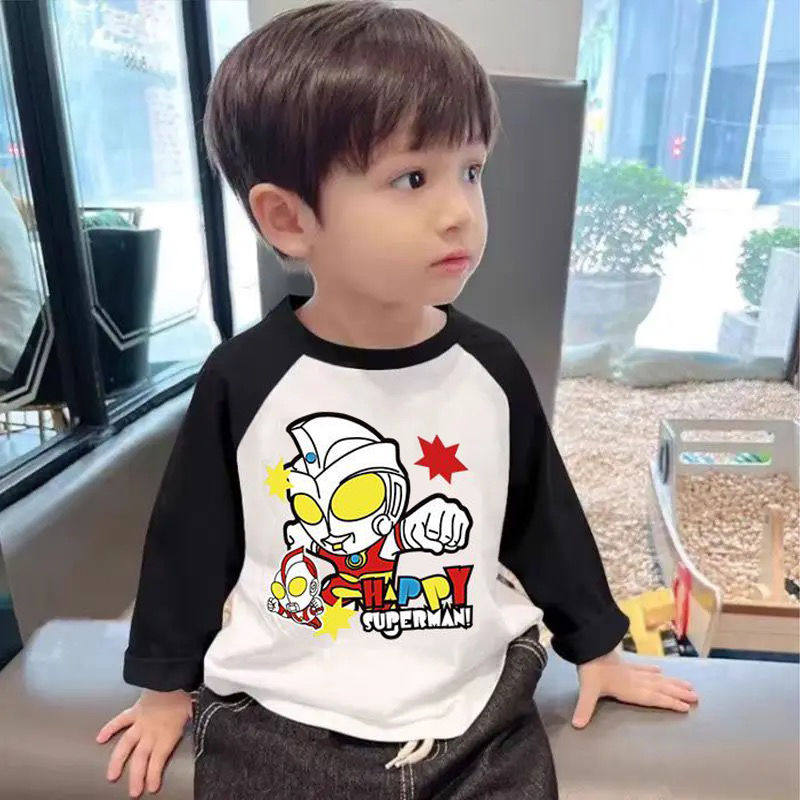 春秋新款儿童超人插肩袖T恤男女童长袖韩版奥特曼打底衫宝宝上衣