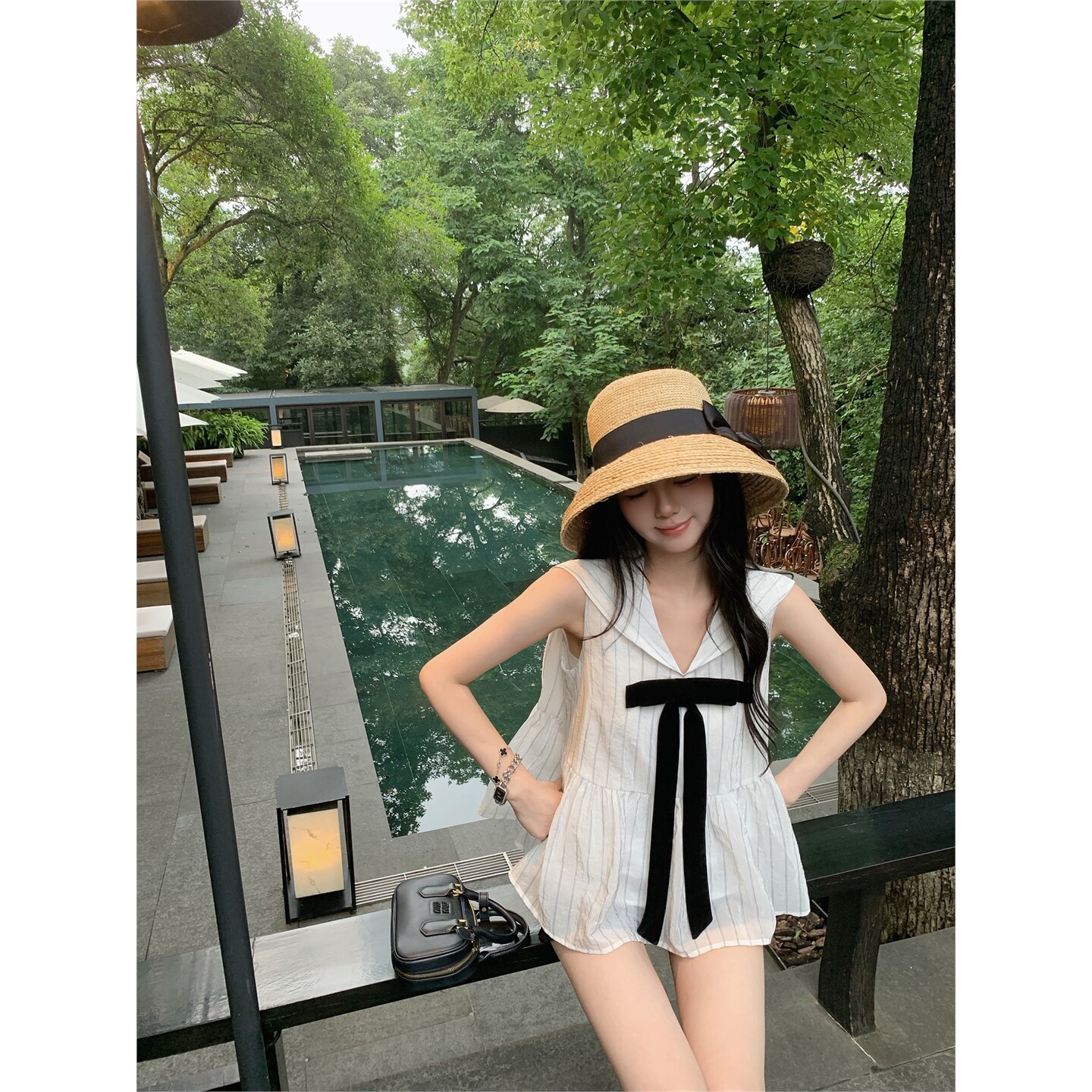 张爆爆 航海度假风条纹莱赛尔套装蝴蝶海军衬衫女夏季娃娃衫上衣图片