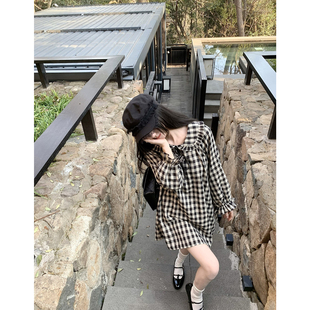 张爆爆 黑格子连衣裙轻薄春夏全棉娃娃领宽松版女士长袖娃娃裙