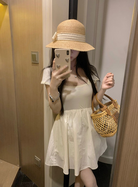张爆爆 法式甜美风白色连衣裙女夏泡泡袖收腰显瘦公主裙短裙