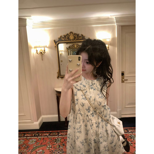 【蓝栀子】无袖娃娃领青花瓷碎花连衣裙女夏显瘦娃娃裙短裙小个子