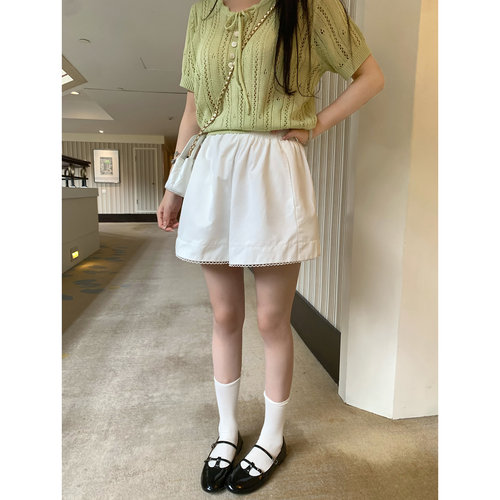 张爆爆 白色花边拼接短裤女夏季高腰宽松显瘦百搭阔腿裤松弛感