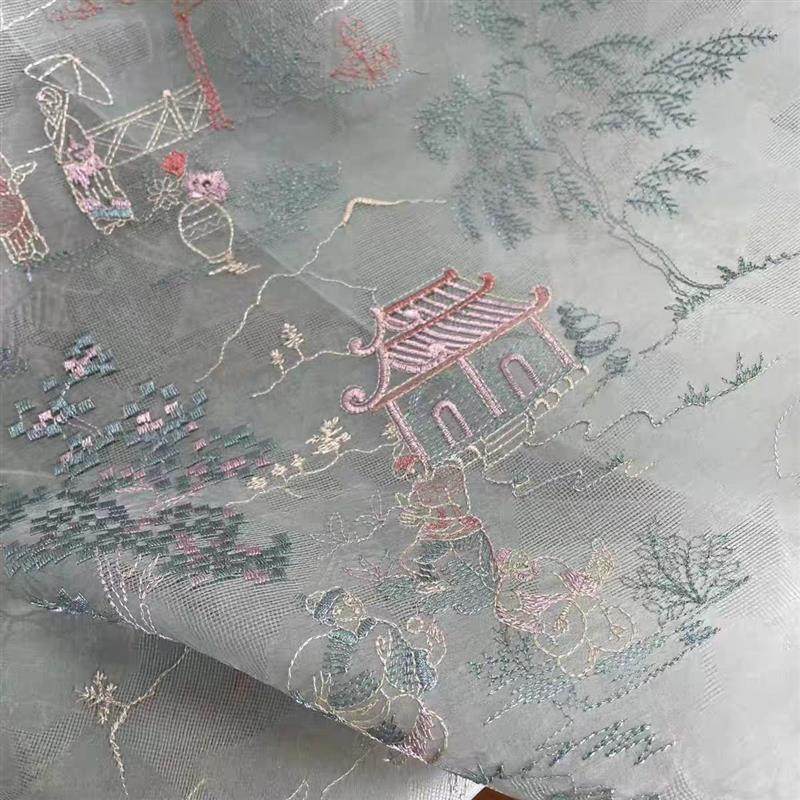 欧根纱旗袍绣花亭台楼阁绣花布料