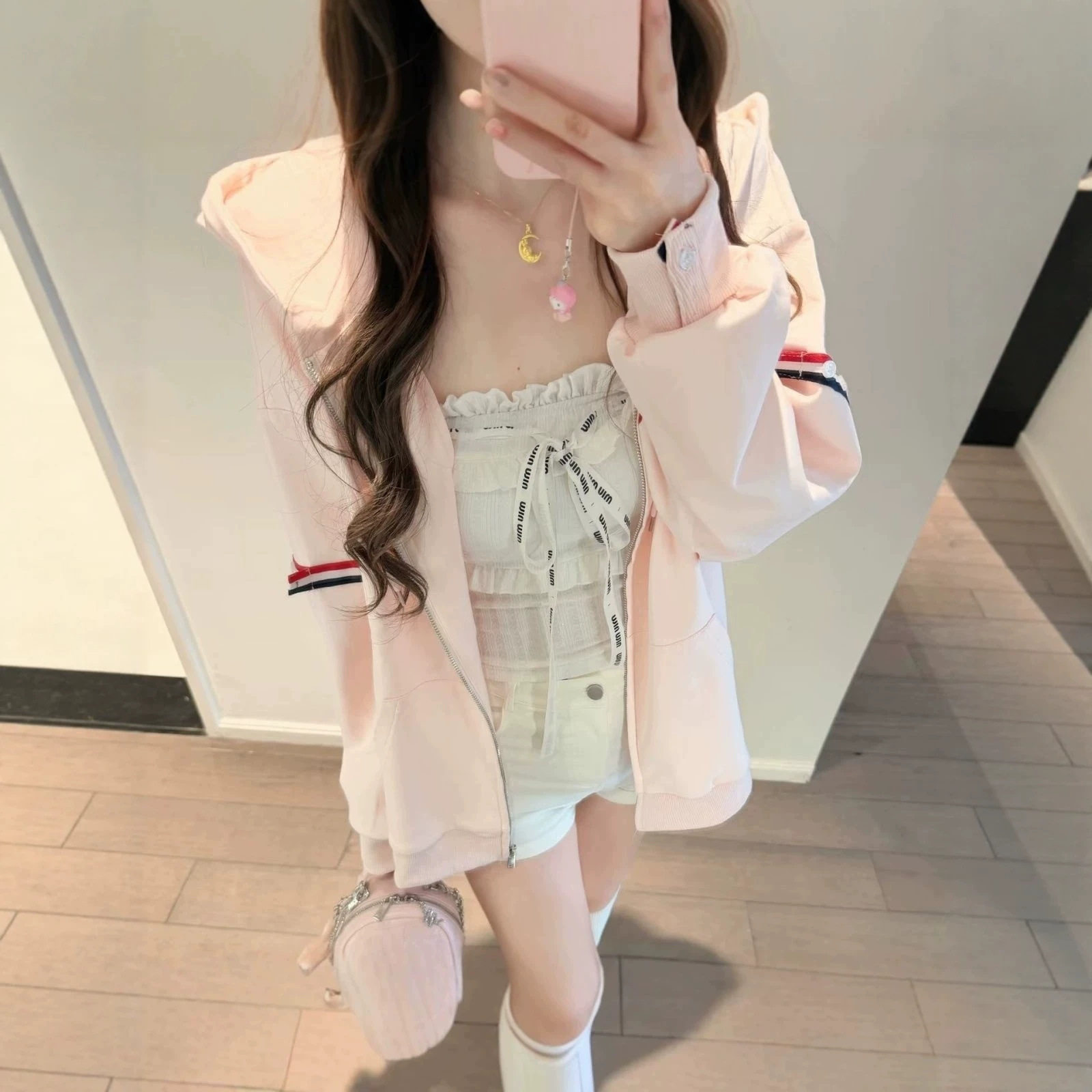韩系春秋宽松显瘦拉链外套设计感日常通勤三色条纹连帽开衫卫衣女
