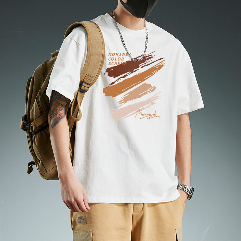 纯棉短袖圆领T恤正肩纯色修身设计感拼接小众混搭潮牌服装胖男生