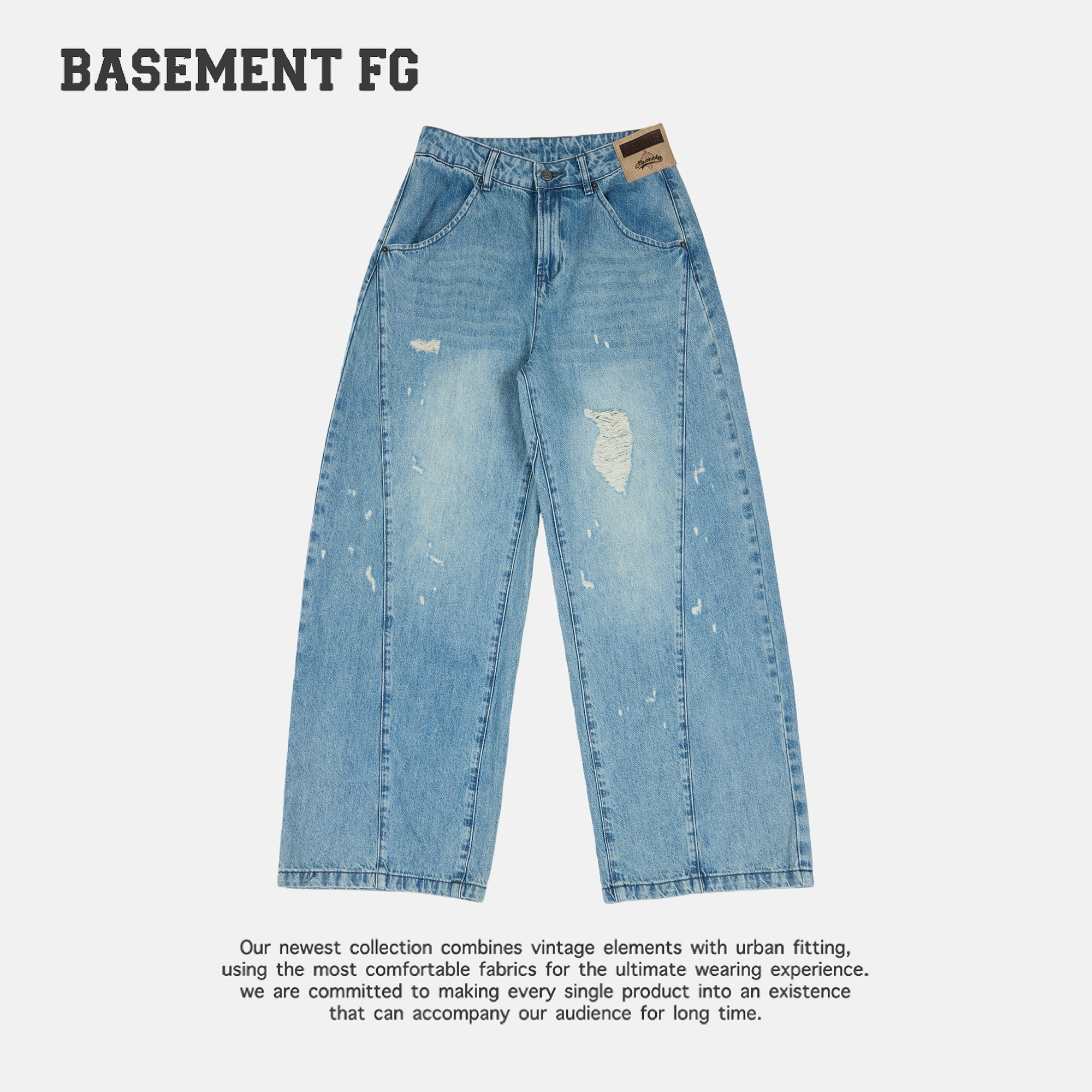 BASEMENTFG美式复古破洞牛仔阔腿裤女浅蓝色直筒裤子257330267028