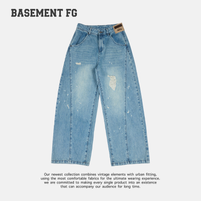 BASEMENTFG美式复古破洞牛仔阔腿裤女浅蓝色直筒裤子257330267028