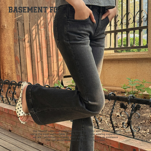 BASEMENTFG修身微喇牛仔裤女黑色百搭显瘦长裤267330070001