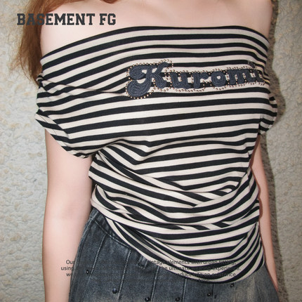 BASEMENTFG条纹一字肩斜肩短袖T恤夏设计感露肩上衣261020302730